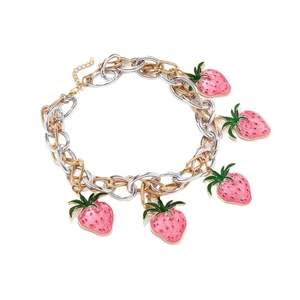 Exaggerated metal chunky chain necklace with five pink strawberry enamel pendants
