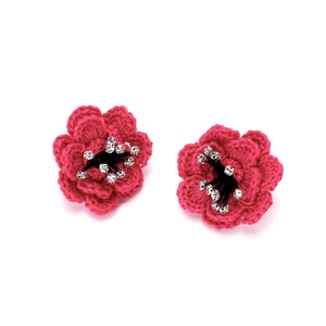 Handmade crochet layered camellia earrings in bright hot pink with rhinestone details
