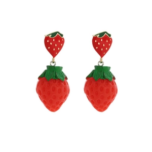 Boucles d'oreilles fraise rouge avec feuilles vertes et design 3D pour femmes