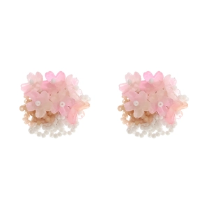 Handmade beaded flower stud earrings with pink resin petals and white seed beads for women