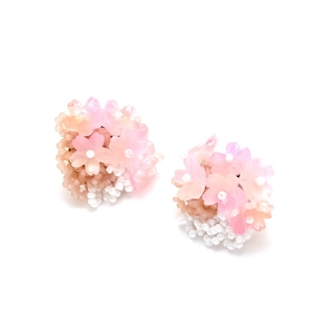 Detailed macro view of handmade 3D floral earrings with pink resin petals and white beads