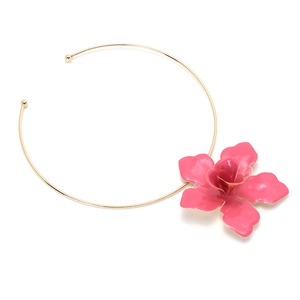 Minimalist gold collar necklace featuring a large pink enamel 3D flower pendant on white background