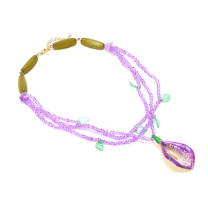 Multilayer purple crystal beaded necklace with green leaf accents and calla lily pendant