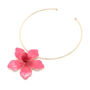 Minimalist gold choker with a large 3D pink enamel flower pendant for women