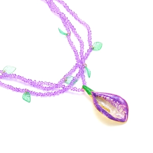 Multilayer purple crystal beaded necklace with Calla Lily pendant and gold trim