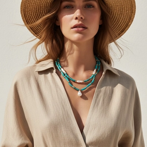 Collier À Étages Avec Künstliche Perles En Résine Turquoise Et Künstliche Perles Baroques Irrégulières Alliage Doré Style Boho Femmes