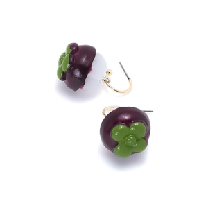 Fresh mangosteen pendant earrings with purple fruit shell and white pulp details