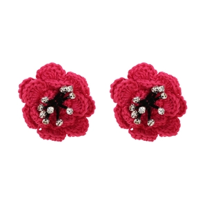 Handmade magenta crochet camellia flower earrings with rhinestones in bohemian style