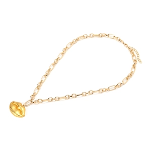 Vintage gold lip pendant necklace with textured metallic links and lobster clasp closure