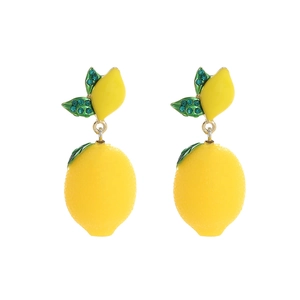 Creative yellow lemon drop earrings with green rhinestone leaves in a vibrant summer design