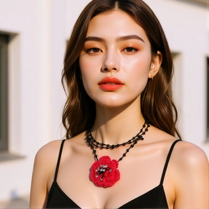 Handmade Crochet Flower Pendant Necklace With Rhinestone Camellia Floral Black Beaded Long Chain Bohemian Jewelry For Women