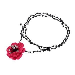 Handmade red crochet camellia flower necklace with double-strand black bead chain
