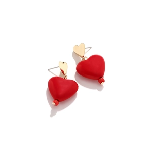Chic red resin heart pendant earrings with polished gold-tone heart studs for women