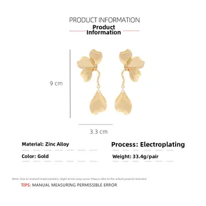 Detailed specs of vintage alloy floral earrings with gold plating and drop leaf design