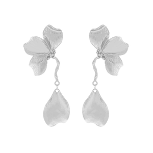 Vintage silver flower drop earrings with textured alloy petals and curved stem design