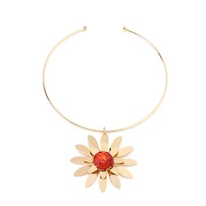 Statement golden choker necklace featuring a large layered 3D floral pendant with red center