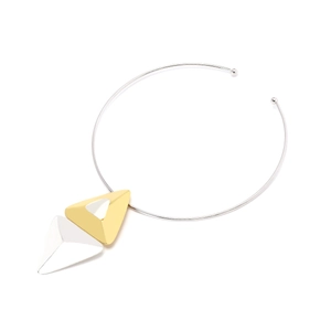 Minimalist silver choker necklace with geometric gold and silver triangle pendants