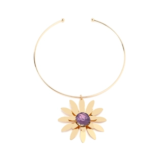 Polished gold floral choker necklace with layered petals and purple bead center