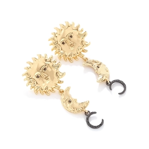 Long gold sun and moon drop earrings with rhinestones and vintage polished alloy finish