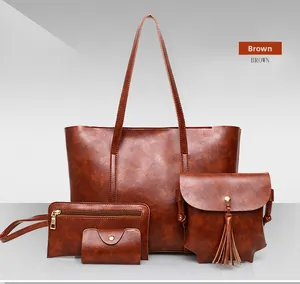 Ensemble 4 pièces de sacs vintage marron en cuir PU avec cabas, sac bandoulière et pochette