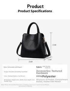 Specifiche dimensionali della borsa nera trama litchi, misure 25x12x23cm e altezza 23cm