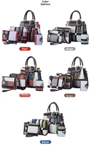 Detailed grid view showing multi-piece handbag set in red, grey, brown, and blue colors