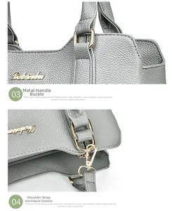 Détail du sac en cuir gris avec anneaux métalliques dorés et bandoulière réglable