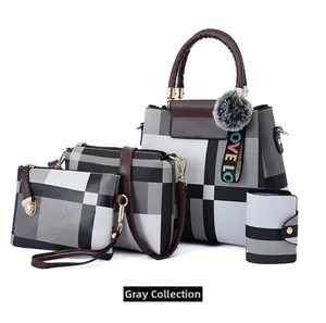 Detail view of 4-piece grey handbag set featuring checkered pattern and love charm