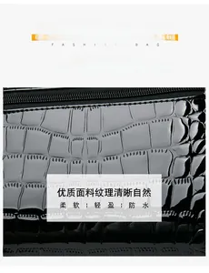 Close-up of waterproof black patent leather handbag with soft crocodile pattern texture