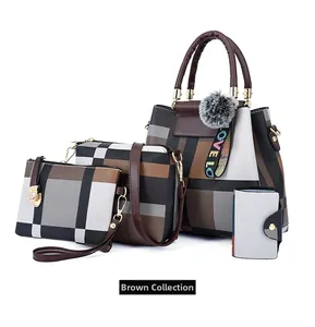 Brown 4-piece set including tote, crossbody, pouch, and card holder with geometric pattern