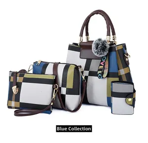 Detail of a 4-piece handbag set with geometric patchwork and a plush love charm