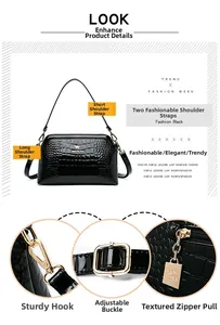 Detail showing crocodile texture leather, metallic kangaroo logo, and adjustable hardware hooks