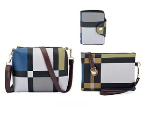 Detailed set of crossbody bag, envelope clutch, and wallet in geometric patchwork PU leather