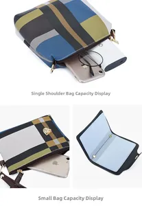 Detail showing high capacity of checkered tote bag and small matching wallet with zip