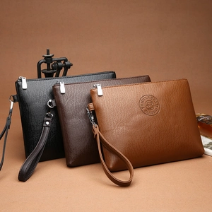 Detailed view of large capacity PU leather men's clutches in black, brown and tan colors