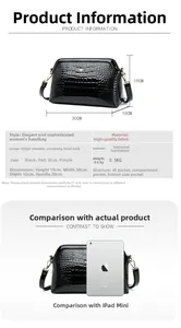 Detailed size chart for black faux crocodile leather bag showing dimensions and iPad comparison