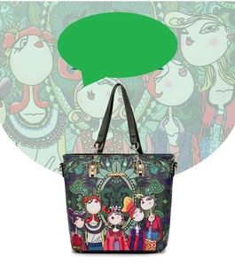 Artistic bohemian tote bag with colorful female portraits and golden zipper details