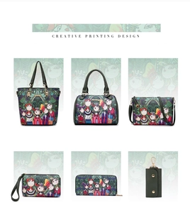 Detailed six-piece handbag set featuring creative artistic forest character prints