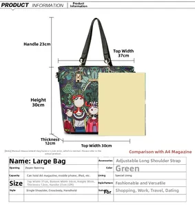 Detailed size comparison and specifications for the floral print green handbag with strap