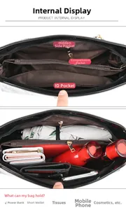 Detail view of black patent leather bag interior with multiple functional storage compartments