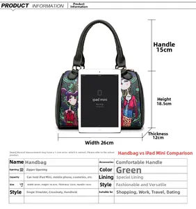 Green fashion handbag with cartoon print, size reference next to an iPad device