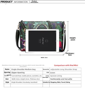 Detailed size specifications for the green bohemian printed medium shoulder bag with strap
