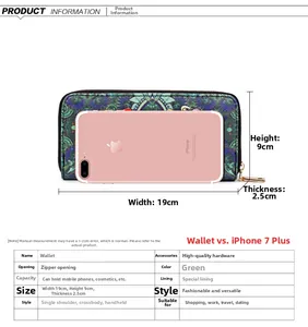 Ethnic print long wallet size comparison with a phone showing 19cm width and fabric texture