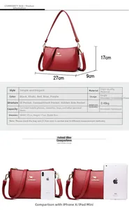 Detailed dimensions of red faux leather shoulder bag shown next to a tablet and smartphone