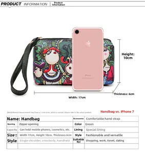 Detailed size comparison of a green cartoon printed clutch bag with an iPhone