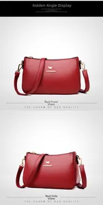 Red lychee textured crossbody bag showing front and side views with golden logo