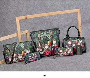 Detail of 6-piece bohemian floral handbag set with vintage cartoon girl print