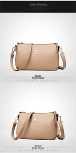 Detailed views of khaki pebbled leather bag with golden logo and side profile angle