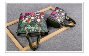 Detail of forest print tote bag set featuring pop art illustrations and green handles