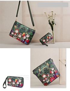 Close-up of artistic floral print handbag and matching clutch with golden hardware